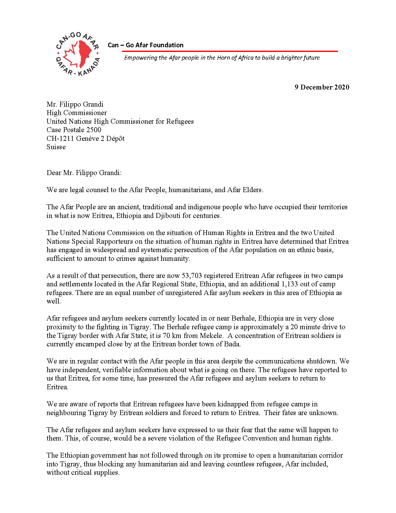 Letter to UNHCR - 9 December 2020 - First page